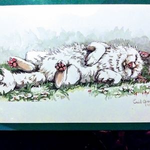 "Played Out" drawing and painting of white cat